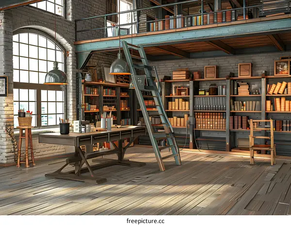 Industrial Loft Studio Interior With Bookshelves