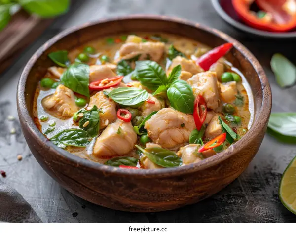 A bowl of green curry with chicken, vegetables, and herbs