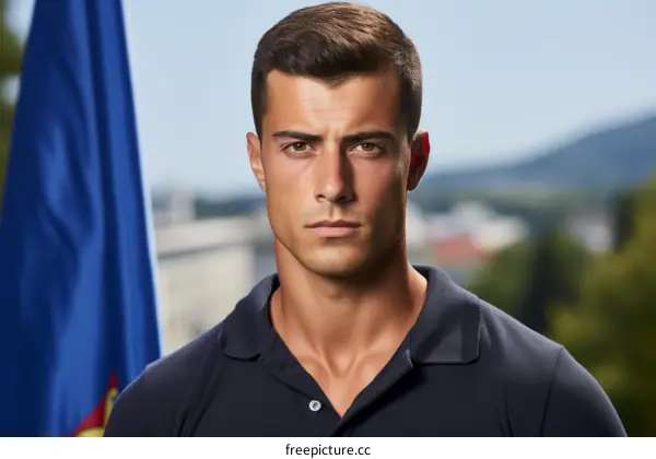 Portrait of a young man in a blue polo shirt with a flag of Andorra in the background