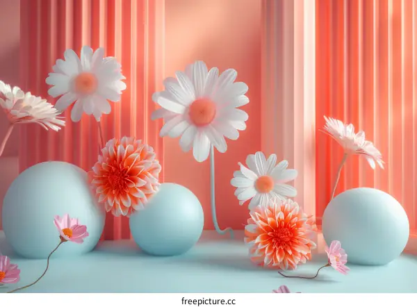3D rendering of pink and white flowers with blue balls on a blue and pink background