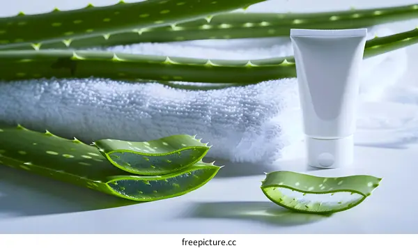 Aloe Vera Plant Leaf and Cream Tube With White Towel