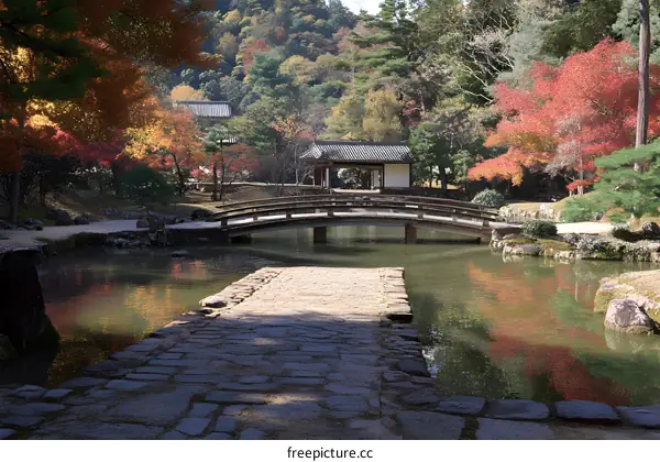 Stone Pathway Leading to Bridge over Pond in Japanese Garden
