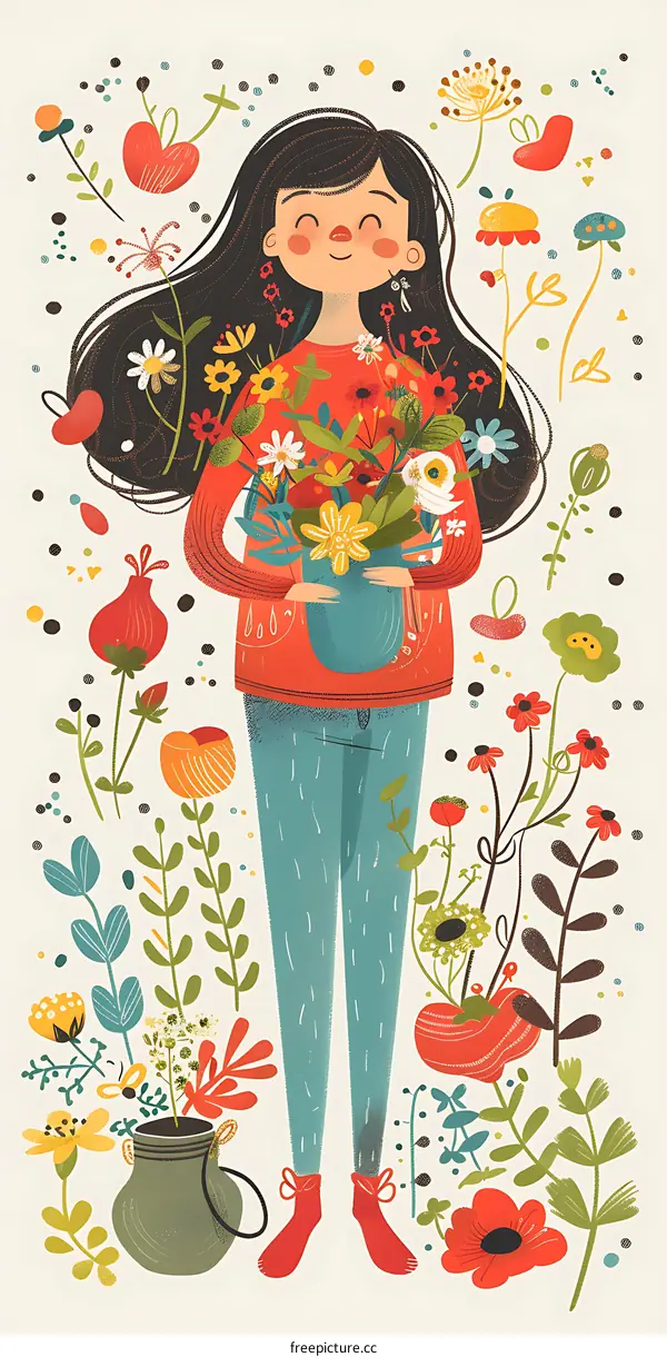Smiling Girl with Flowers Illustration