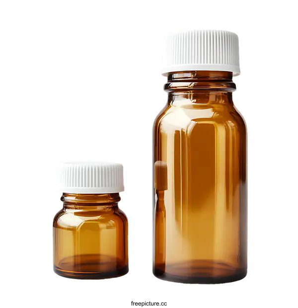 [Transparent Background PNG]Two Amber Glass Bottles with White Caps