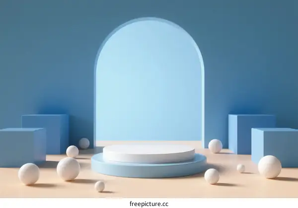 Minimalist Blue Arch Stage with White Spheres for Product Display