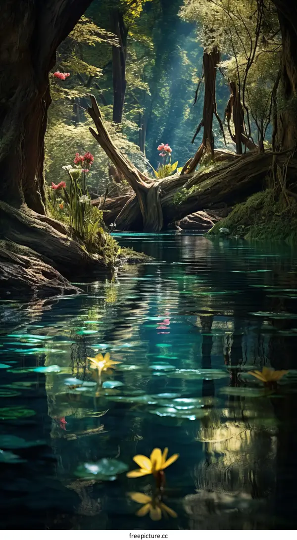 Enchanted Forest Stream with Glowing Flora