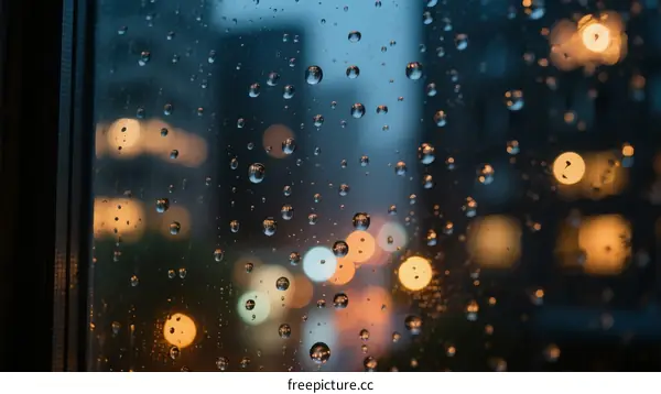 Raindrops on window with blurred city lights in background