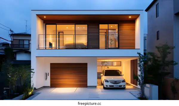 Modern White Two Story Home with Wooden Accents and Garage
