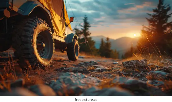 Off-road vehicle on a mountain road at sunset