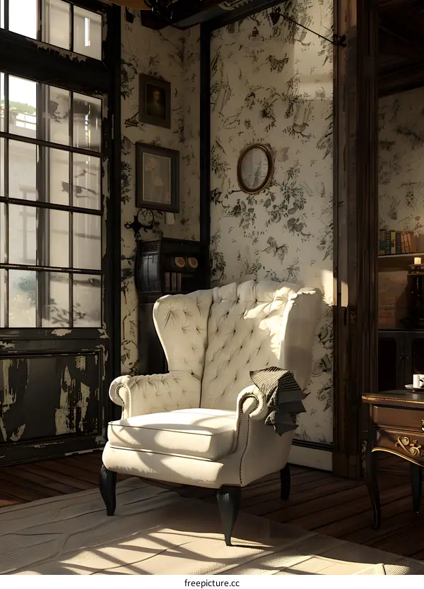 Vintage Armchair In Classic Interior With Floral Wallpaper