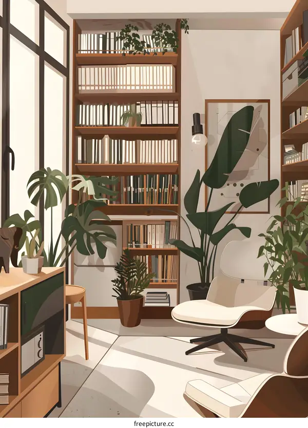 Modern Home Living Room With Bookshelves And Plants