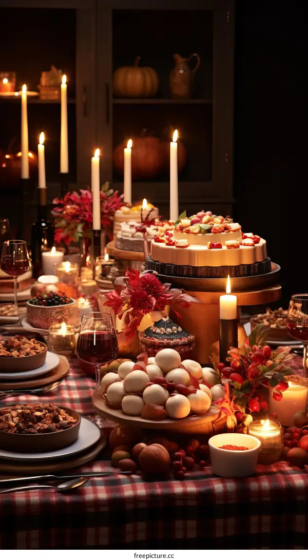 Thanksgiving Table with Food and Candles