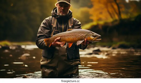 A fisherman holds a brown trout he caught in a river.