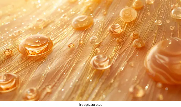Abstract 3D rendering of raindrops on a shiny golden surface