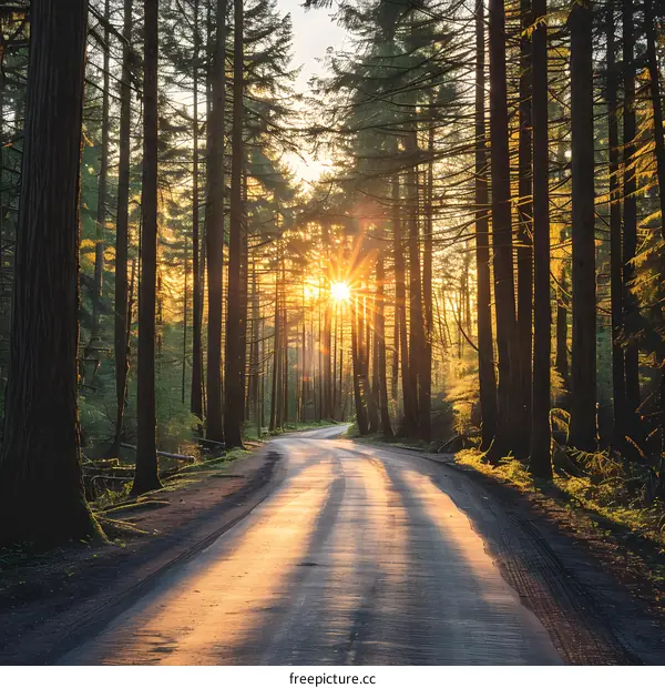 The sun shines through the tall trees in the forest