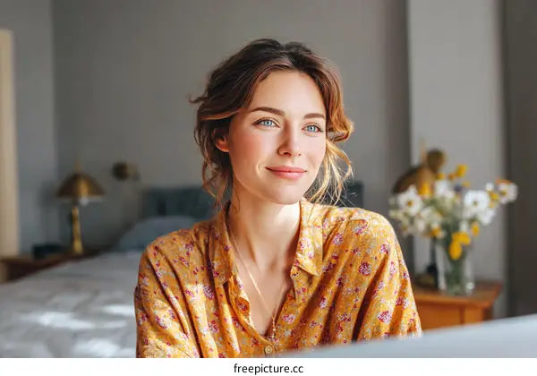 Smiling Woman in a Yellow Floral Shirt