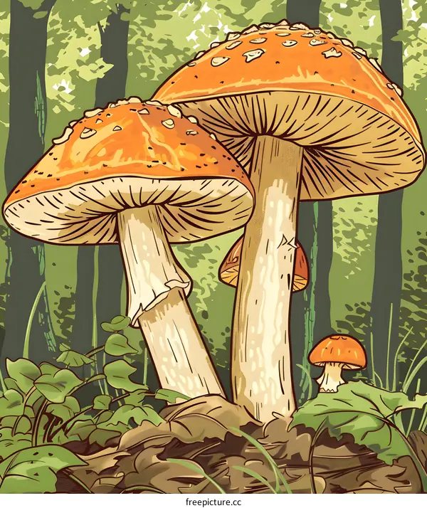 Forest Illustration with Three Red Mushrooms