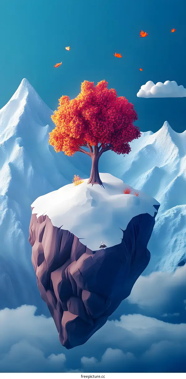 Floating Island with Red Tree in Snowy Mountains