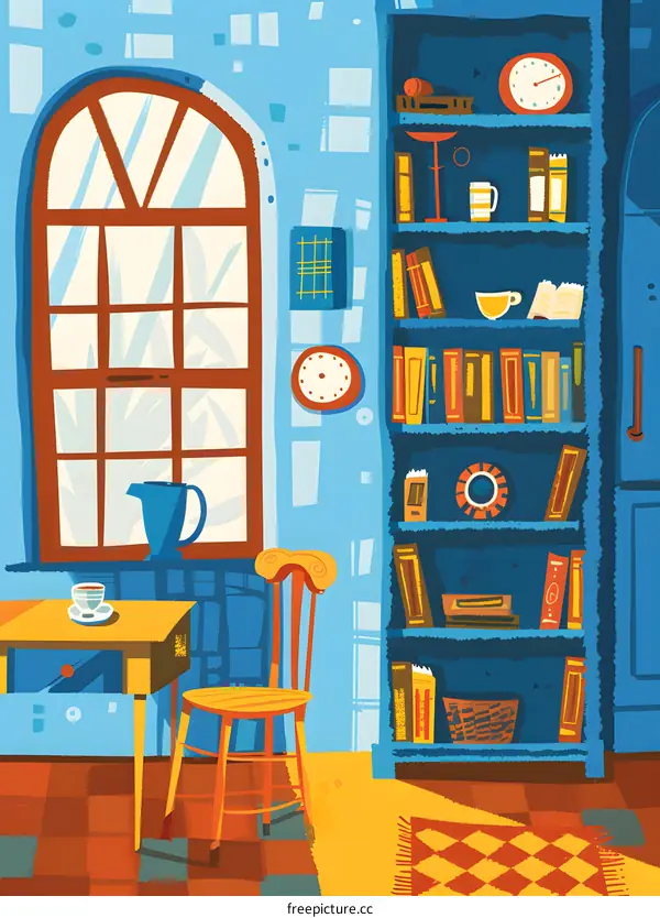 Cozy Blue Room with Bookshelf and Window