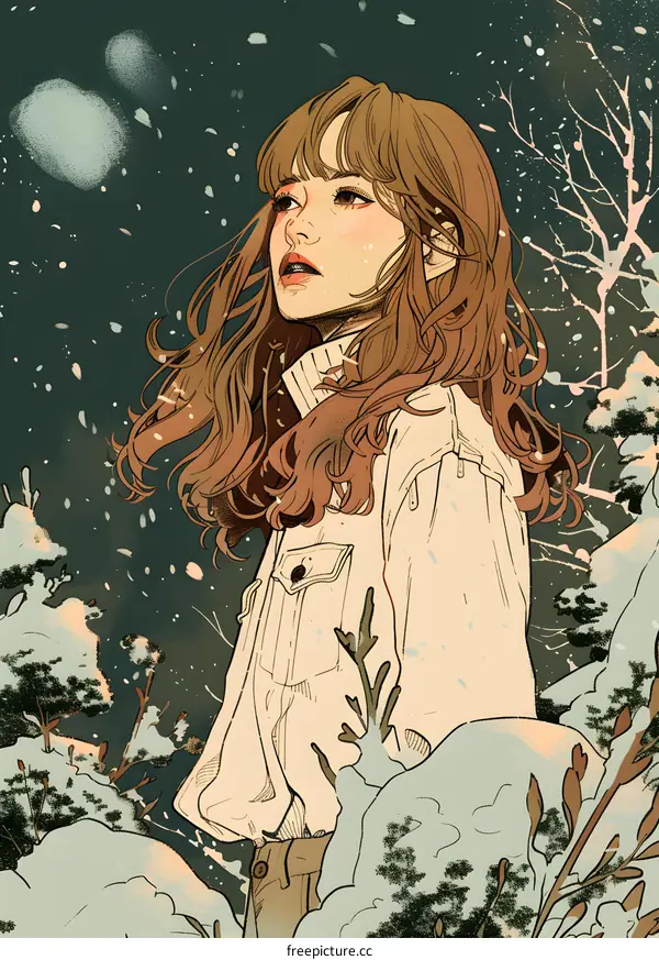 Winter Illustration of Woman in Snow