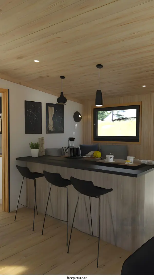 Modern Minimalist Kitchen Interior Design With Wooden Ceiling And Black Bar Stools