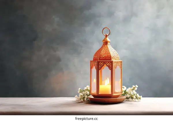 Golden Lantern on a Light Grey Background