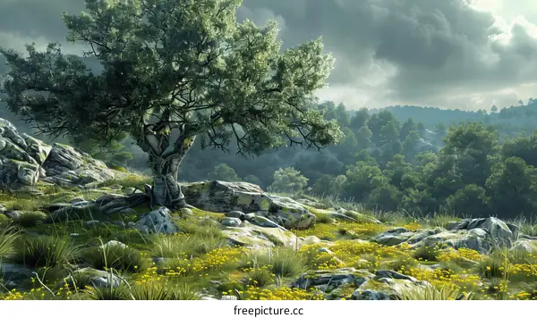 Enchanted Forest with Majestic Tree and Vibrant Flowers