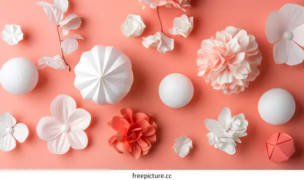 White and Coral Paper Flowers on a Coral Background