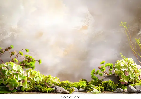 Green Plants and Moss on a Stone Wall Background