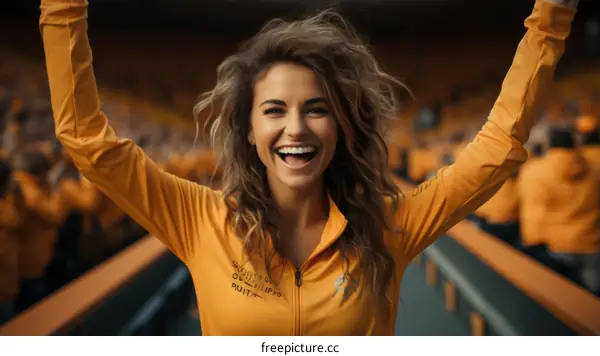 Cheerful young woman in orange tracksuit raising her arms in victory