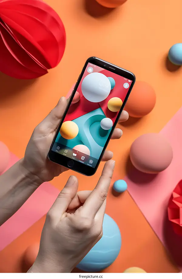 Hands Holding Smartphone with Colorful Abstract Background