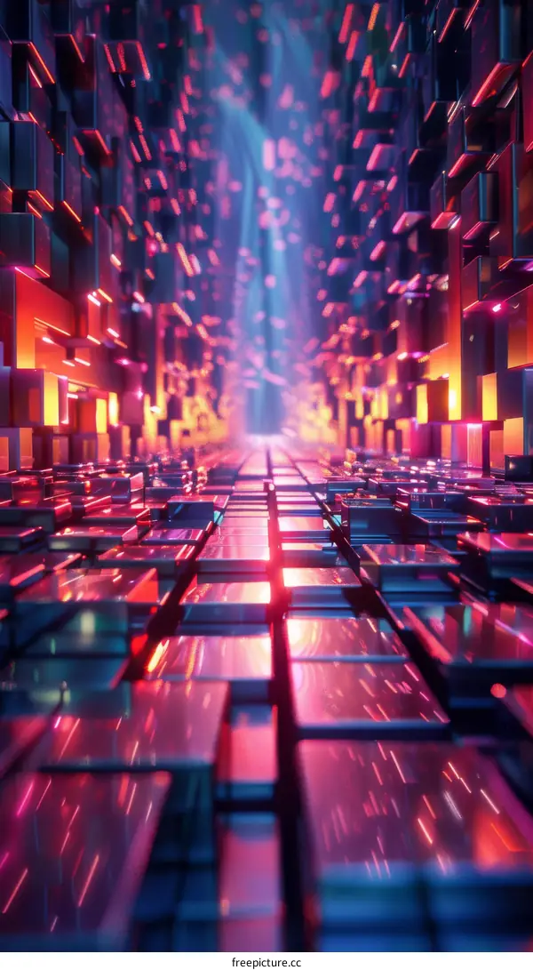 Futuristic Tunnel Corridor Lit with Glowing Cubes