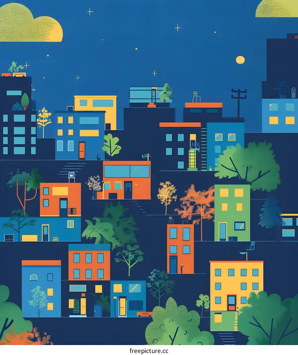 Nighttime Cityscape with Colorful Buildings and Trees