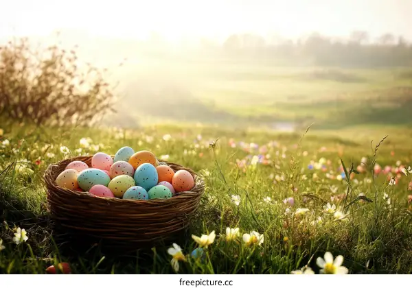 Colorful Easter Eggs in a Basket on a Spring Meadow