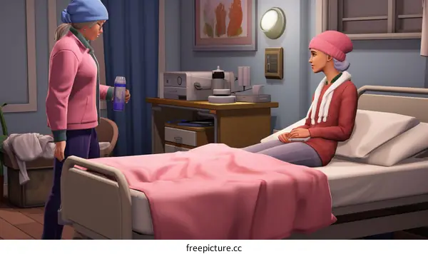 Two women in a hospital room. One is sitting on the bed, the other is standing next to her.