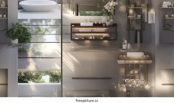 Modern Bathroom Interior with Large Windows and Freestanding Tub