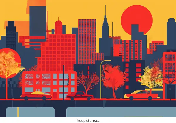 Modern Cityscape Illustration with Geometric Shapes and Red Sun