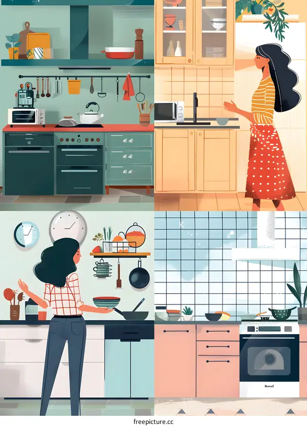 Four Kitchen Scenes With Women Cooking
