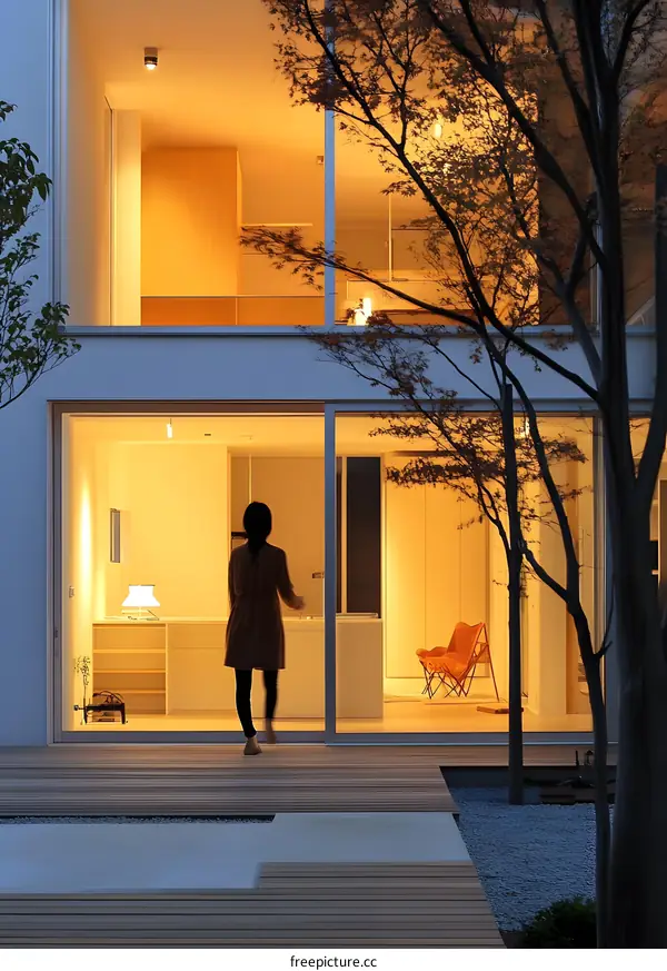 Modern House with Large Windows and a Woman Walking on a Patio