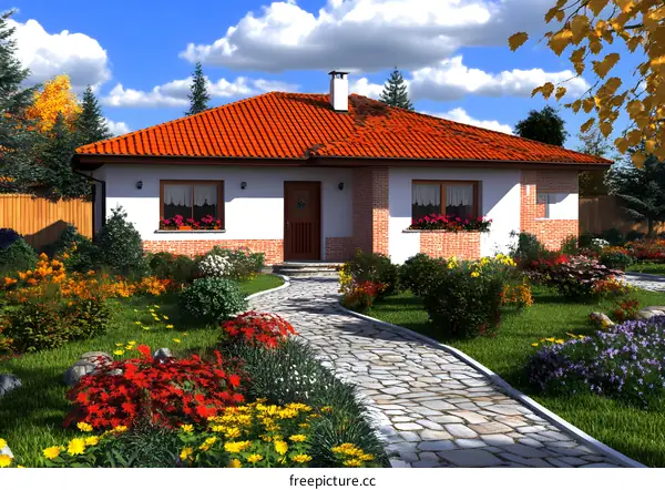 Brick House with Red Roof and Stone Pathway