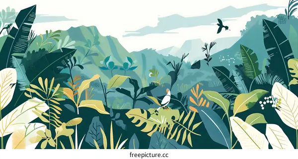 Tropical Rainforest Illustration with Birds and Lush Greenery