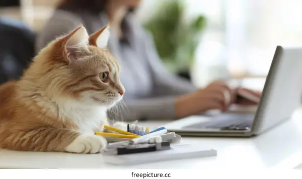 Cute ginger cat on a desk with laptop