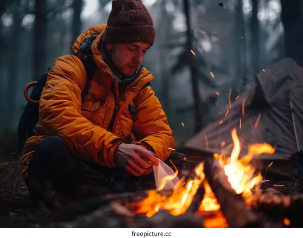 Man in orange jacket camping in the woods