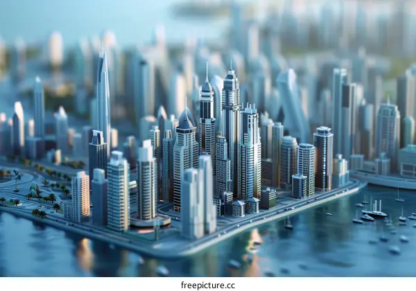 Modern Cityscape Miniature Model with Skyscrapers and Marina