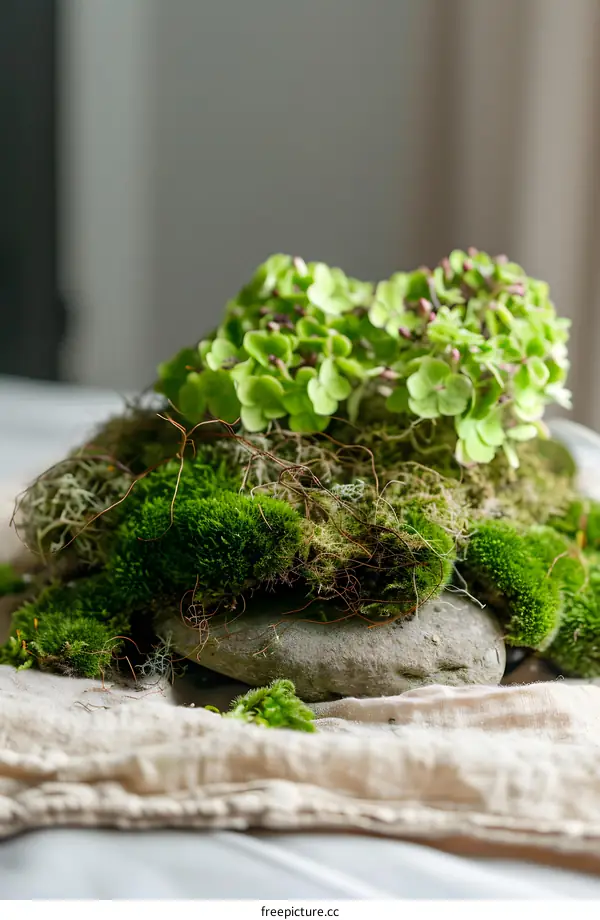 Green Moss And Stone On Linen Fabric