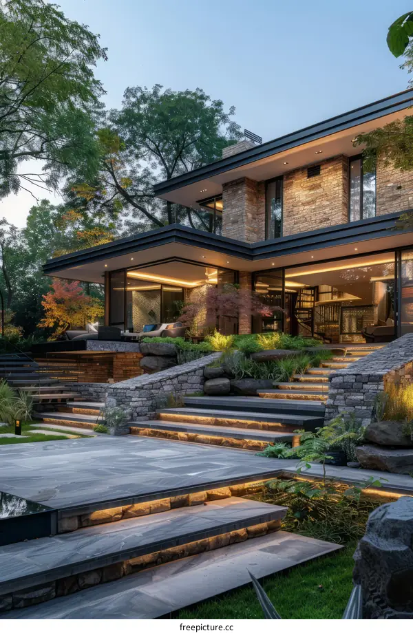 Contemporary Exterior Design of a Luxurious Mansion with Stone Details