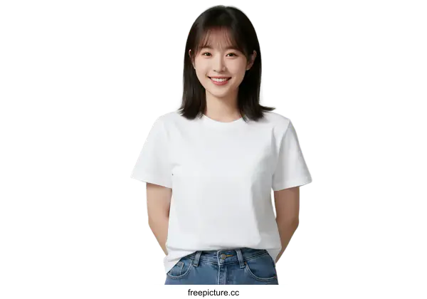 [Transparent Background PNG]Young woman wearing a white T-shirt and blue jeans standing with hands behind back