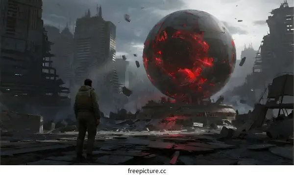 A lone figure stands before a massive glowing red alien sphere in a destroyed city