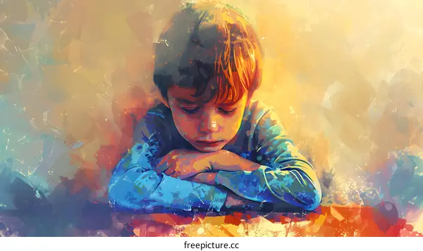 A boy is sitting at a table with his head in his hands