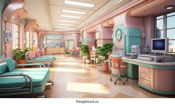 A retro hospital room with pink and green walls and furniture